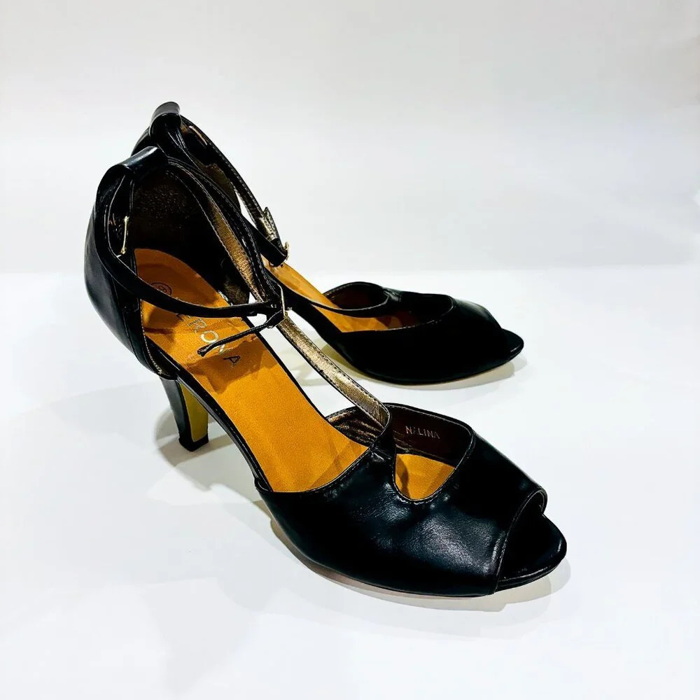 VERONA Black Peep Toe Ankle Strap Kitten‎ Heels | Size 39